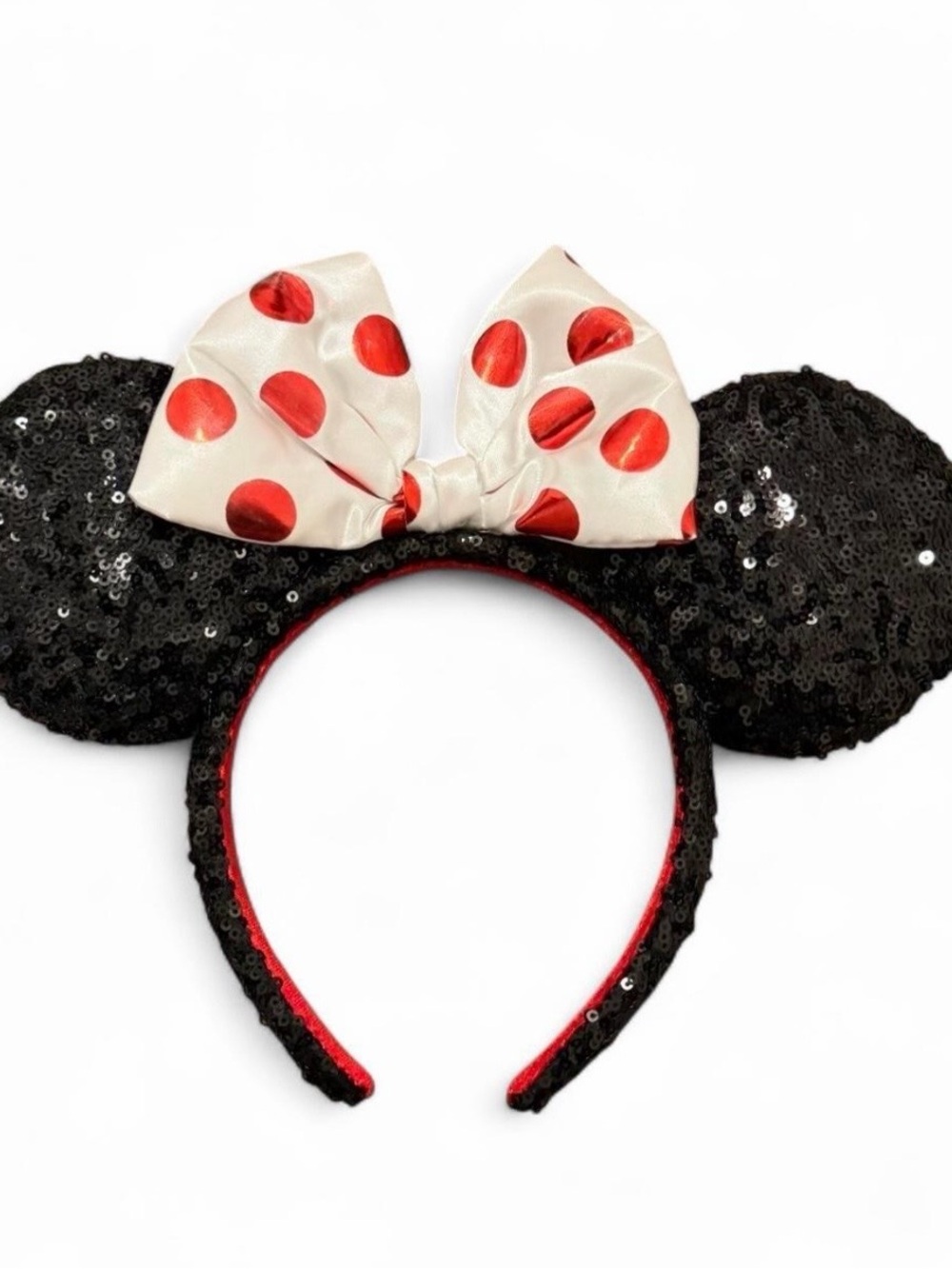 Disney Parks sequin White Bow Red Polka Dot Minnie Mouse Ears Headband